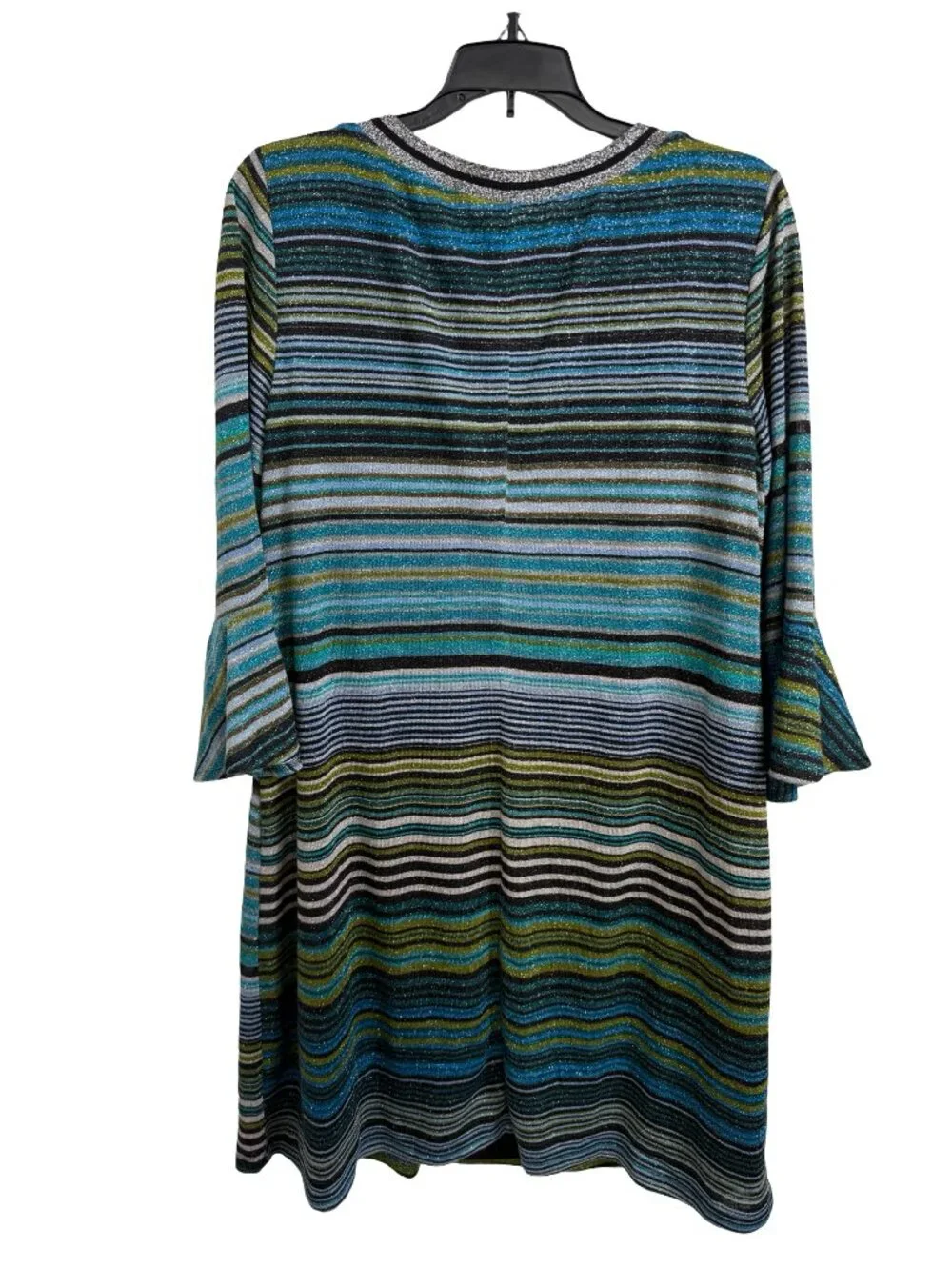 JBS Women Knit Dress 1X Metallic Blue Stripe Bell Sleeve Business Casual